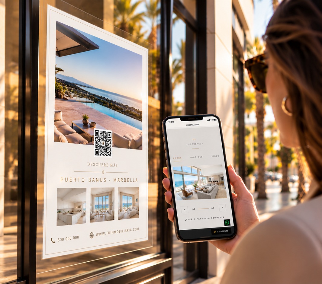 Una persona escanea con el móvil el código QR de una ficha en el escaparate de una inmobiliaria de lujo